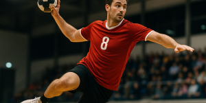 Rechtsaussen eine Power Position im Handball -Hier sehen wir einen Spieler beim Sprungwurf